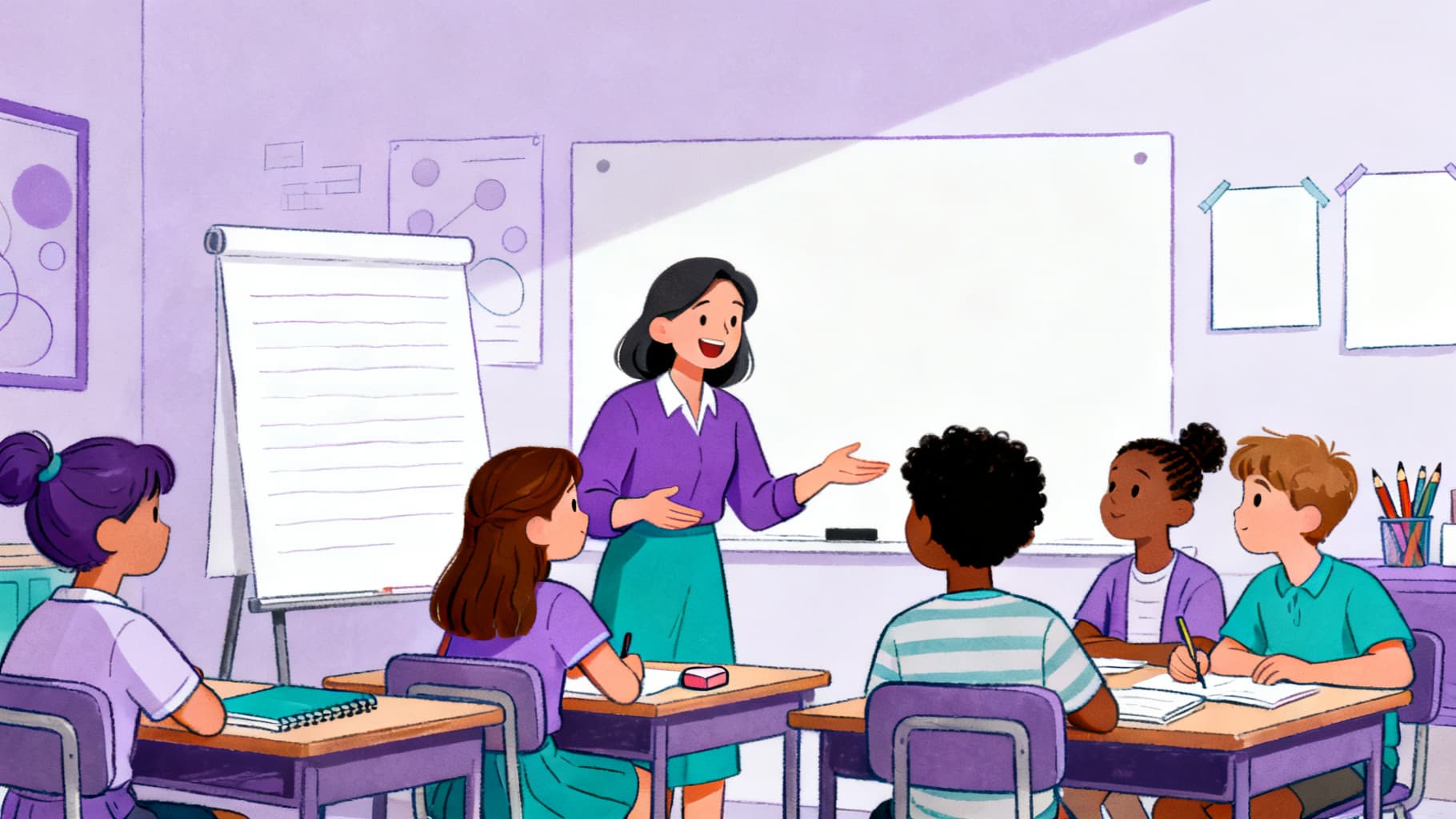 Teacher and students using critical thinking activities in a classroom discussion
