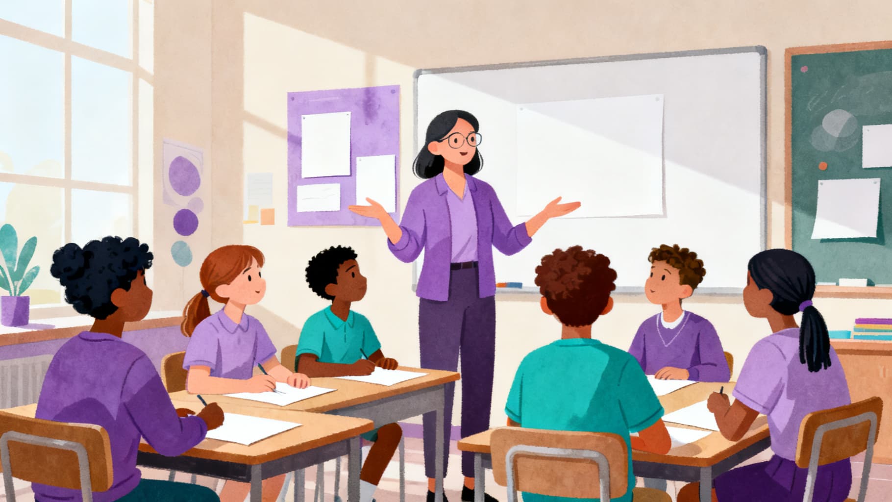 Teacher and students using critical thinking exercises for students in a classroom discussion