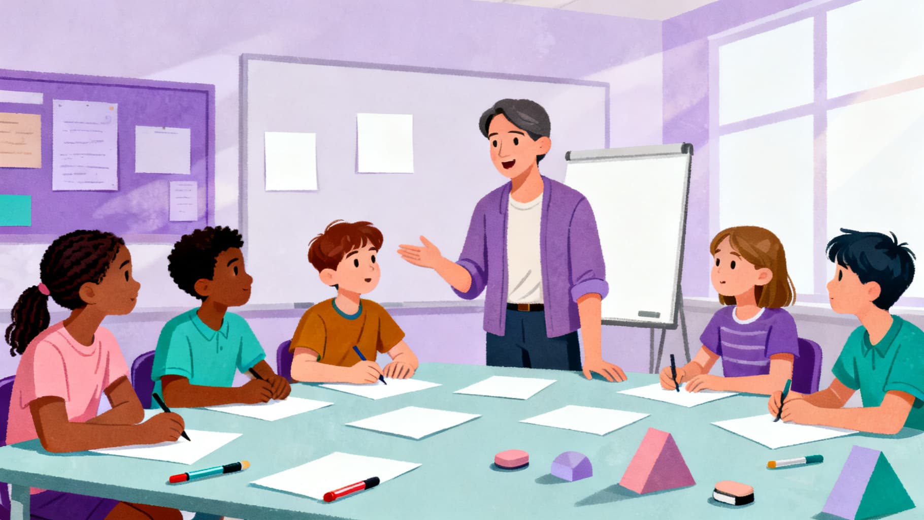 Teacher and students using critical thinking worksheets in a classroom discussion