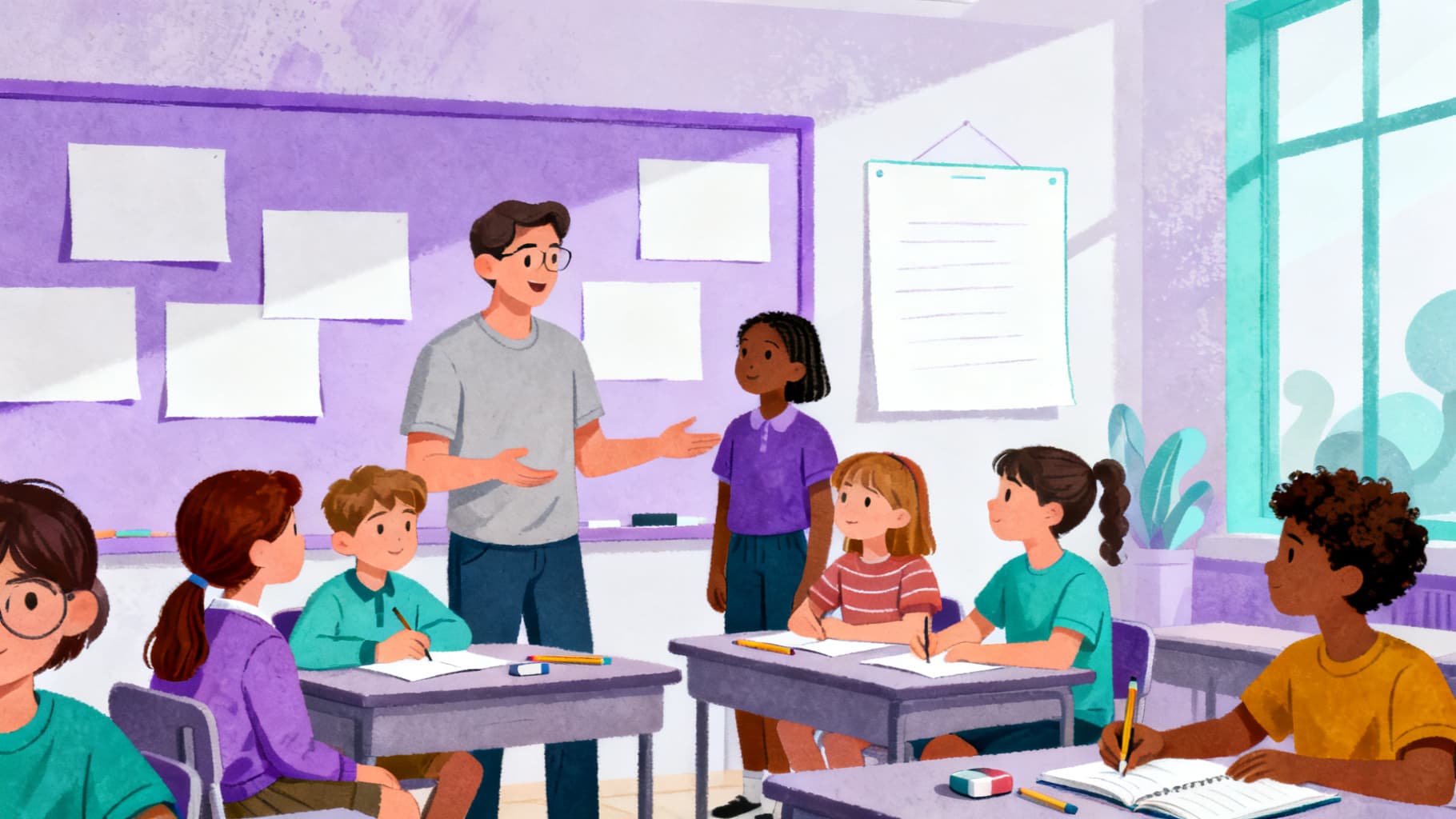 Teacher and students using decision-making exercises in a classroom discussion