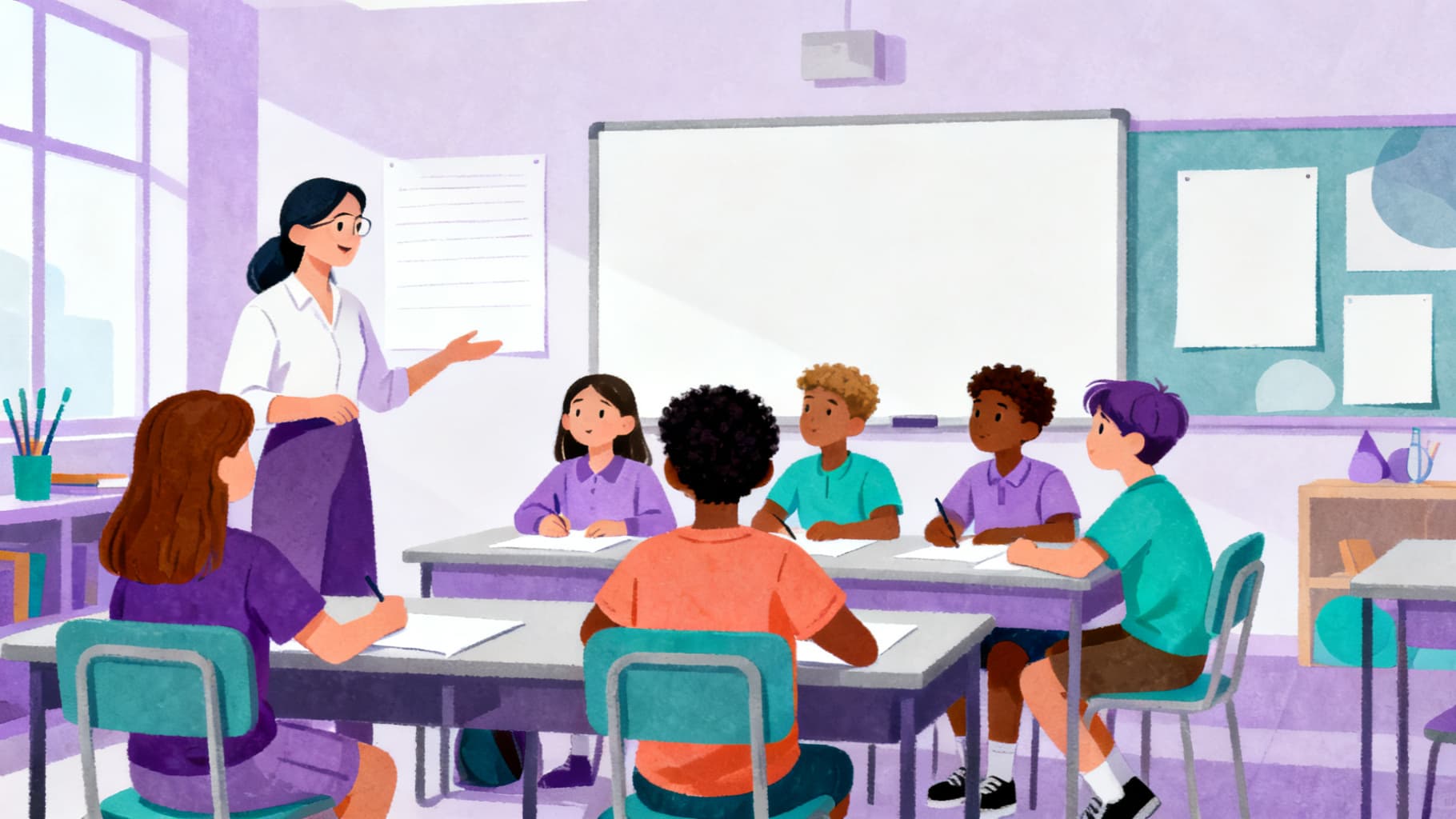 Teacher and students using evaluate evidence exercises in a classroom discussion