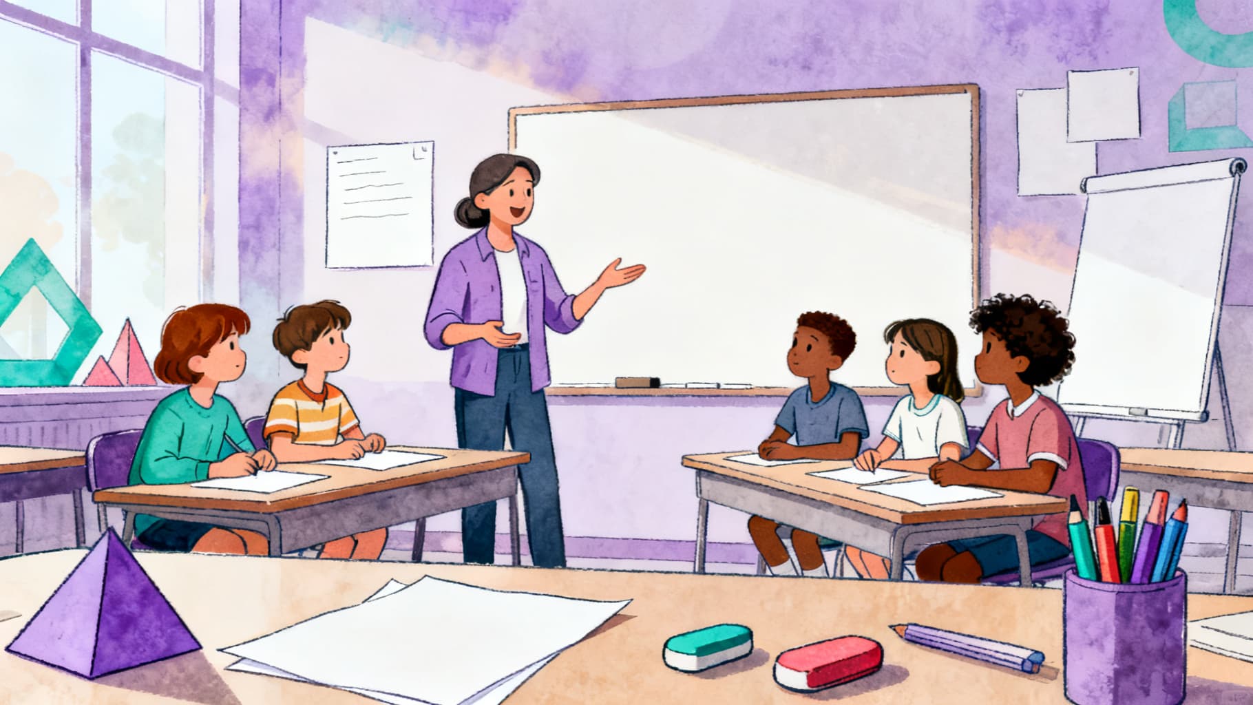 Teacher and students using critical thinking exercise in a classroom discussion