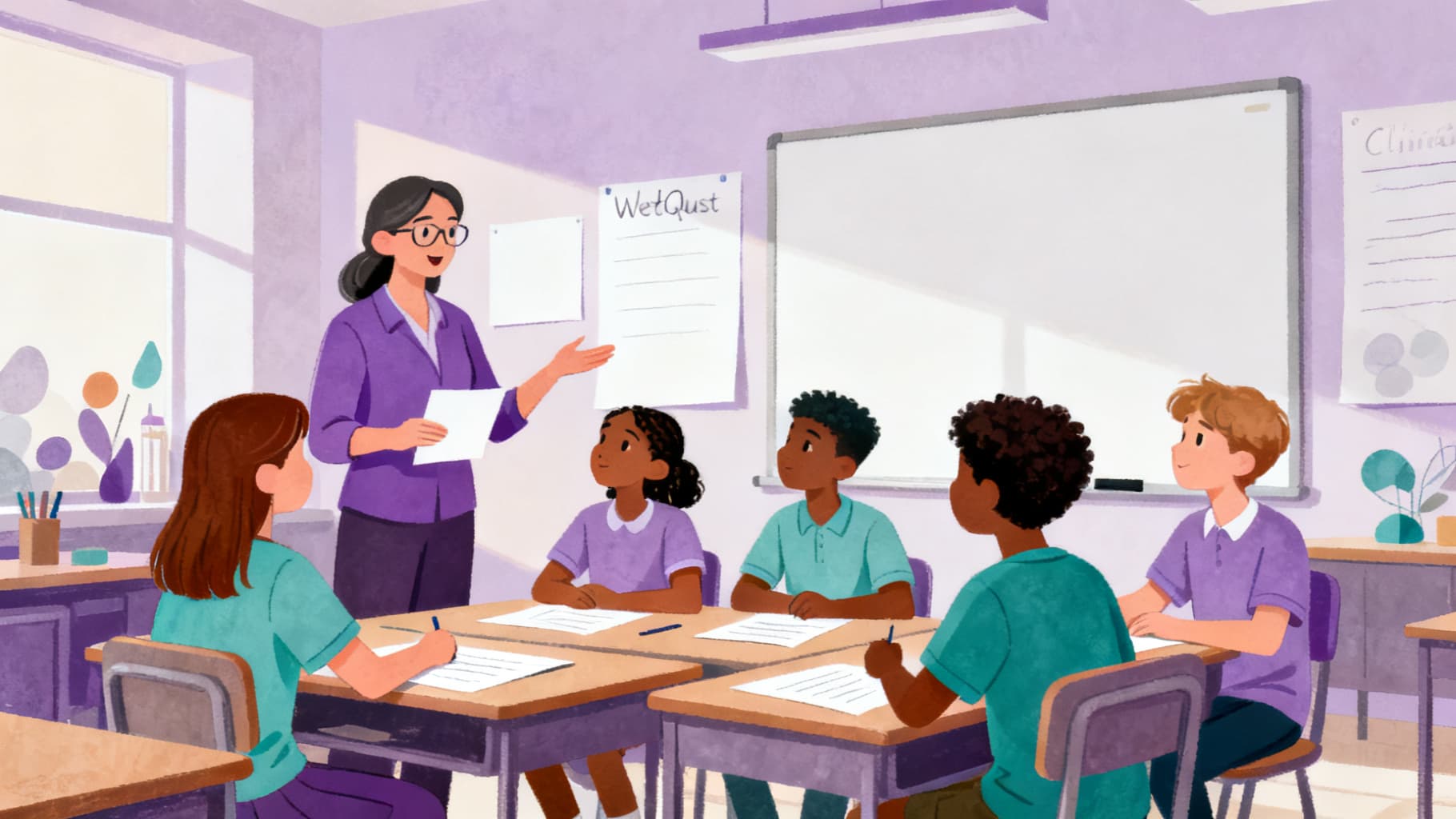 Teacher guiding students through a climate change WebQuest classroom discussion