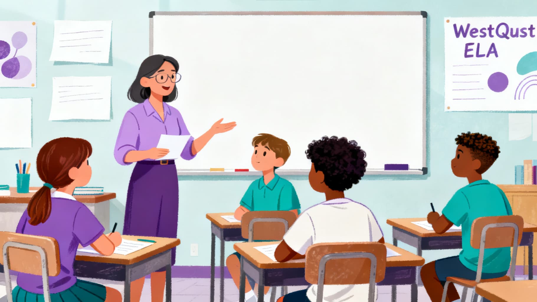 Teacher guiding students through a ELA WebQuest classroom discussion