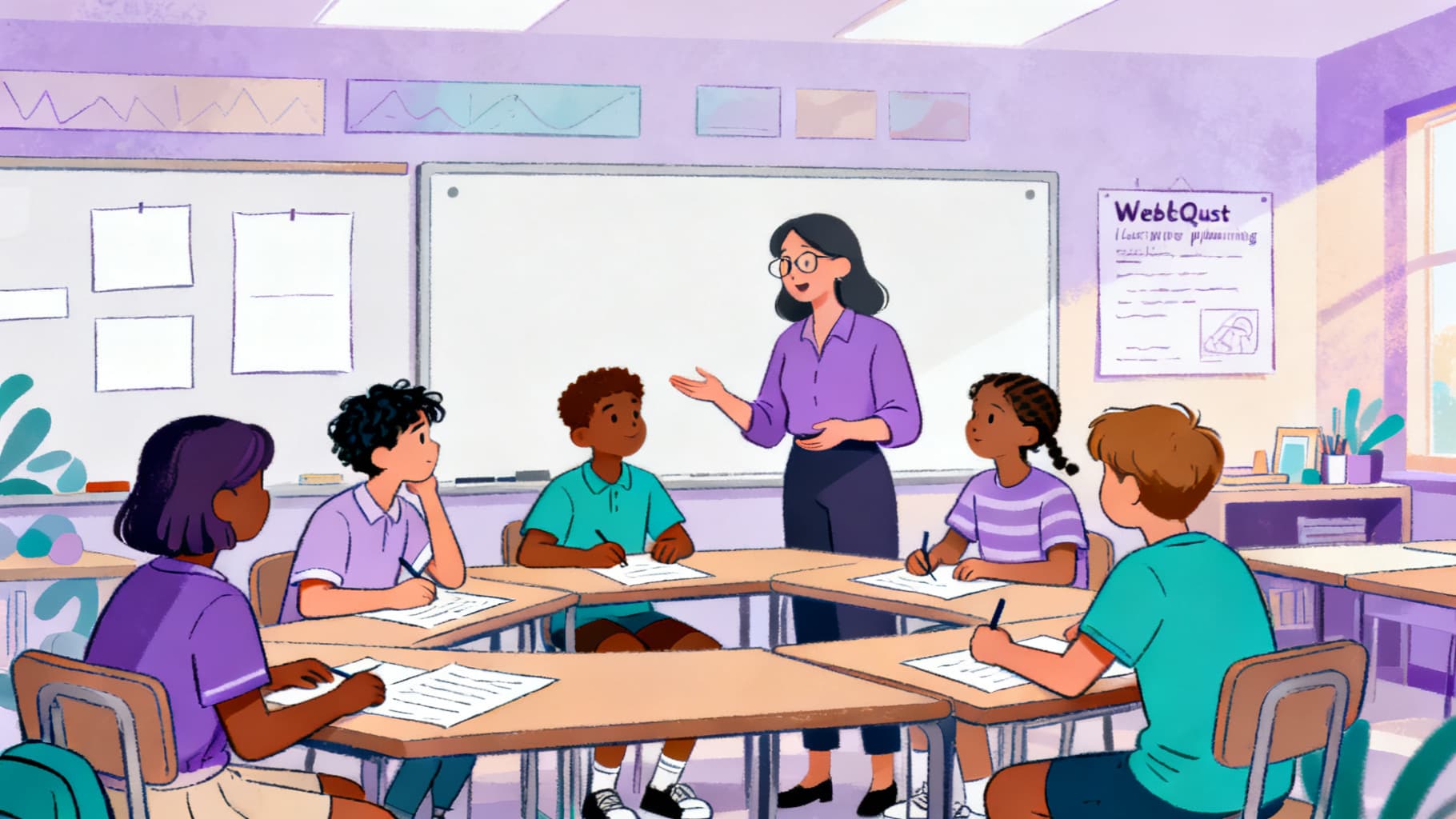 Teacher guiding students through a WebQuest examples classroom discussion