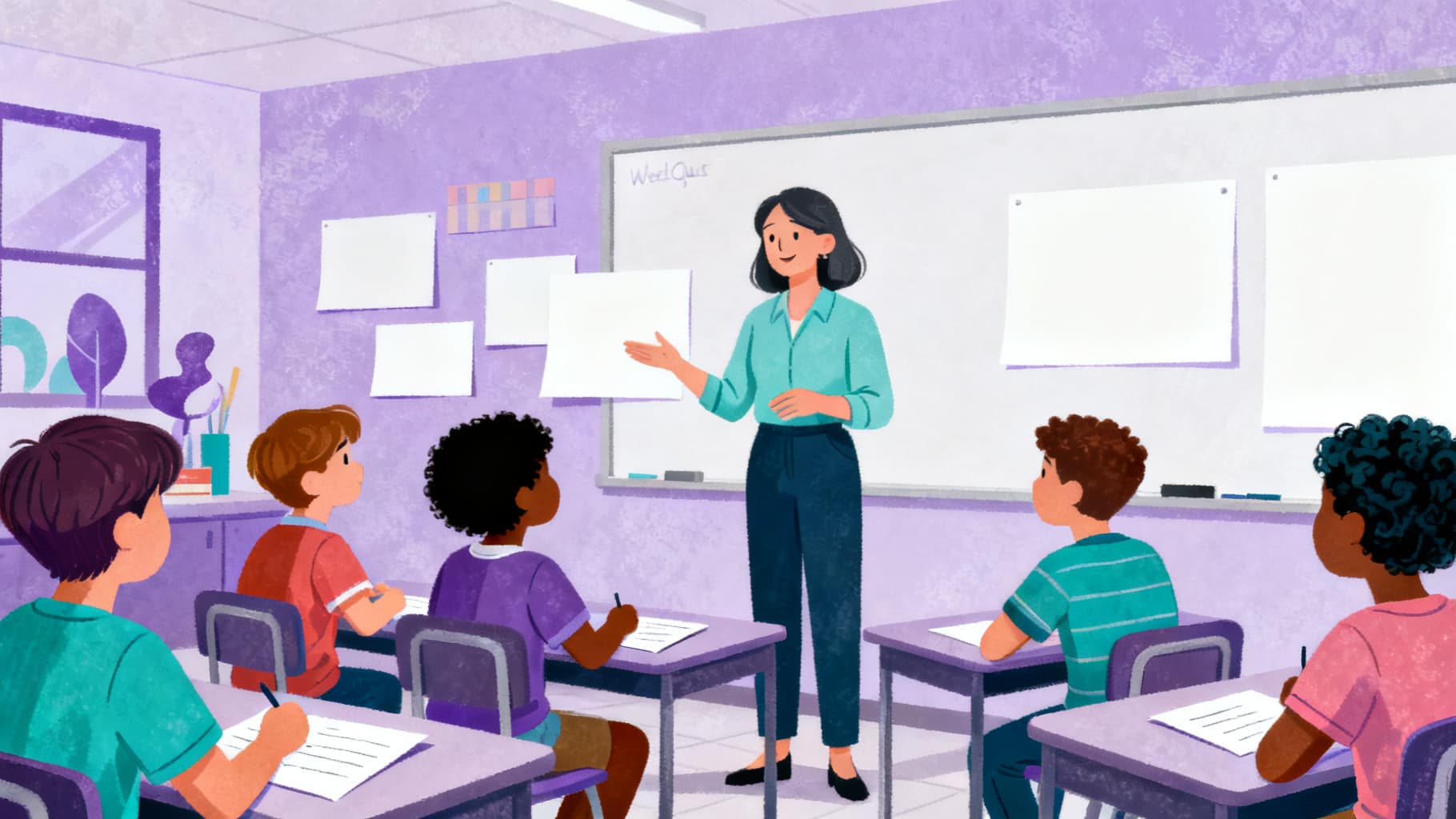 Teacher guiding students through a WebQuest generator classroom discussion