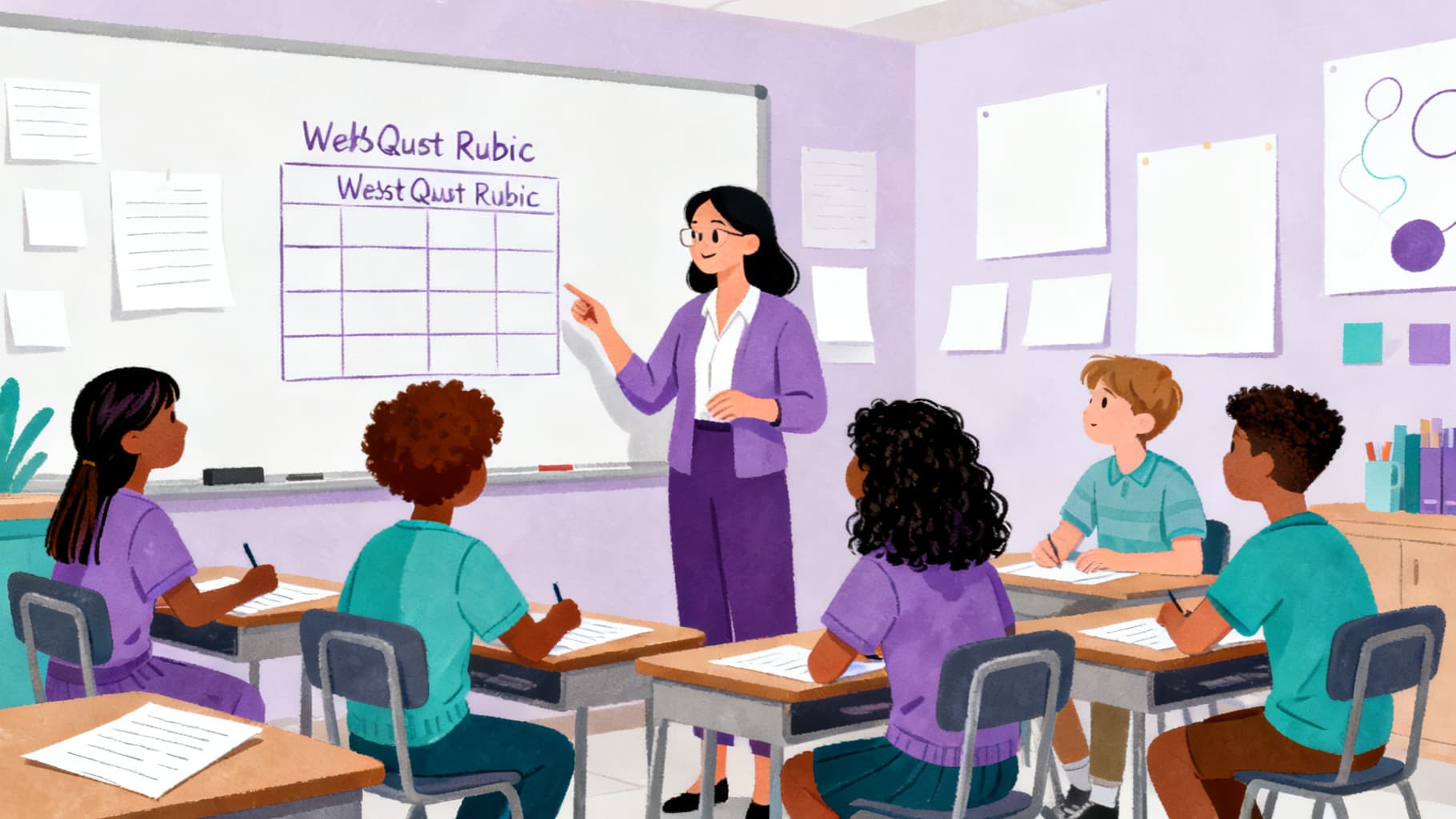 Teacher guiding students through a WebQuest rubric classroom discussion