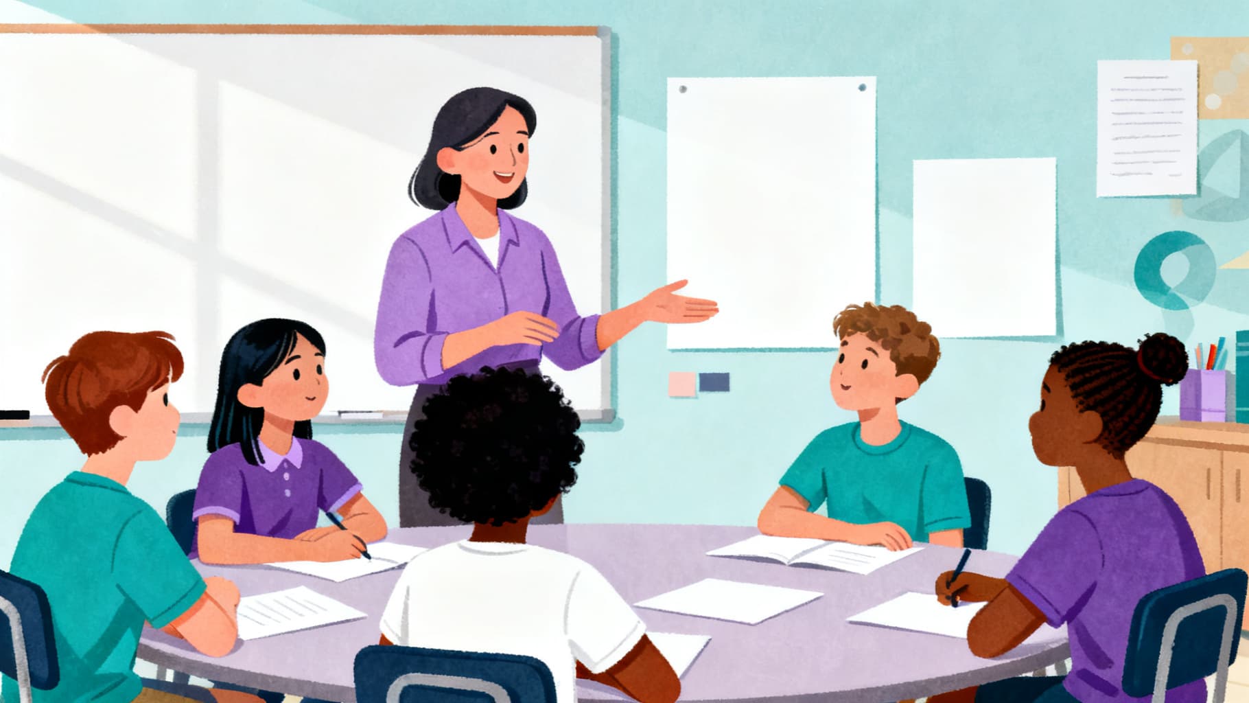 Teacher guiding students through a WebQuest classroom discussion