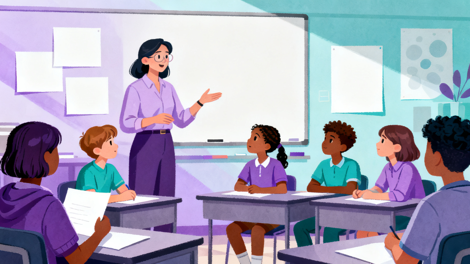 Teacher and students using AI bias critical thinking questions in a classroom discussion