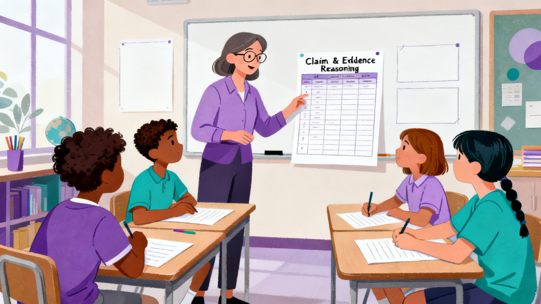 Teacher and students using claim-evidence-reasoning worksheet in a classroom discussion