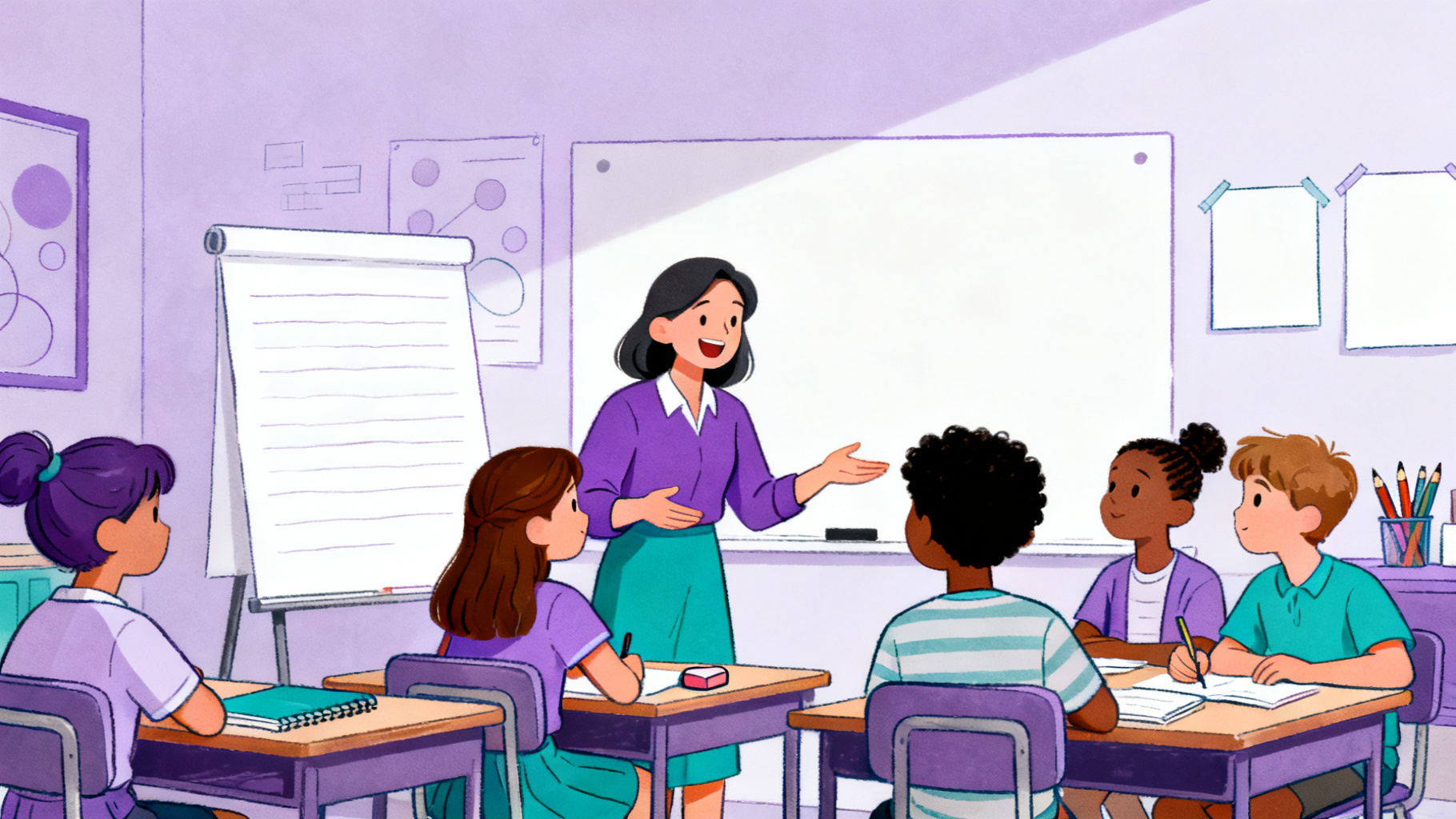 Teacher and students using critical thinking activities in a classroom discussion
