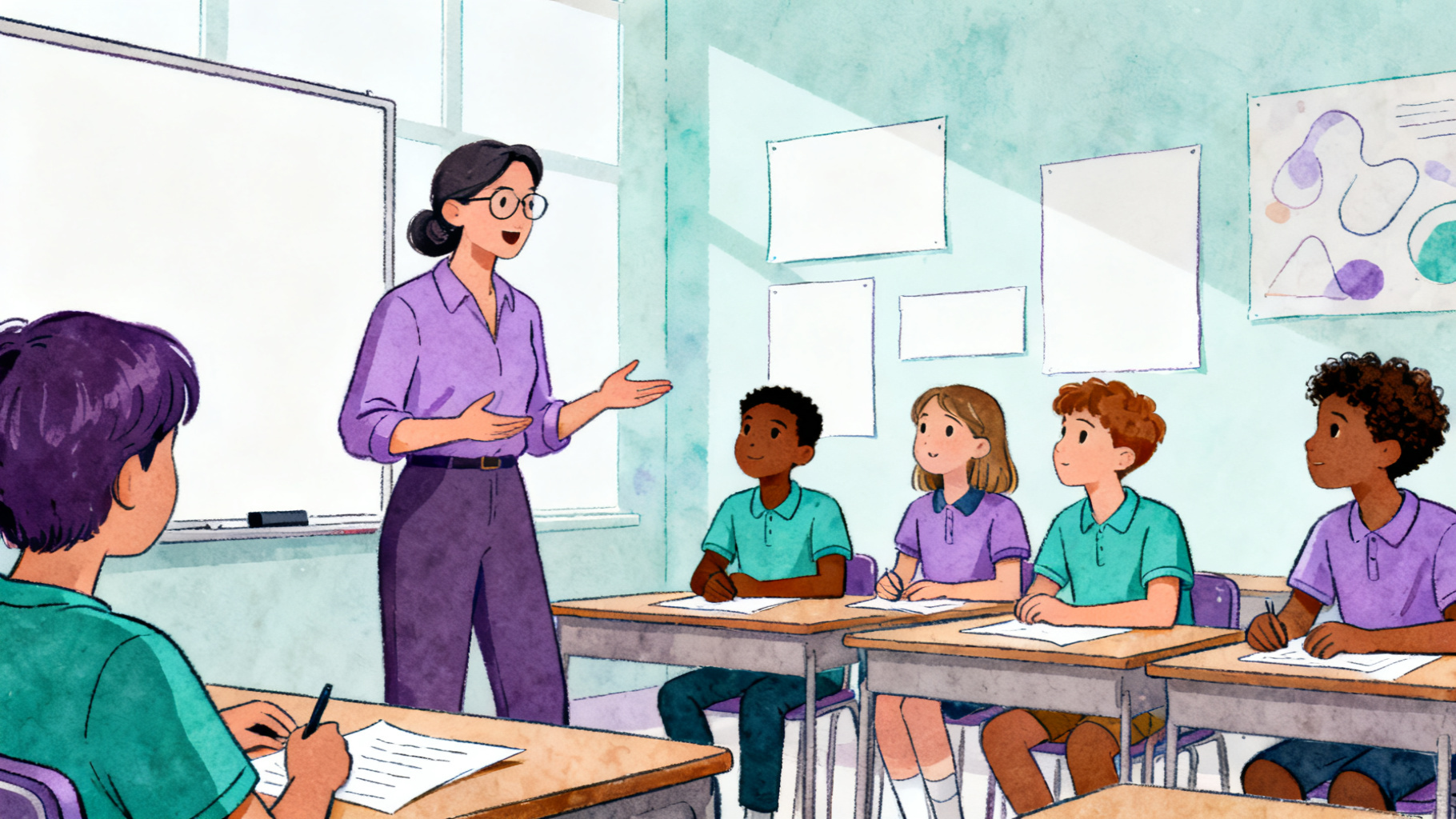 Teacher and students using critical thinking exercises for high school in a classroom discussion