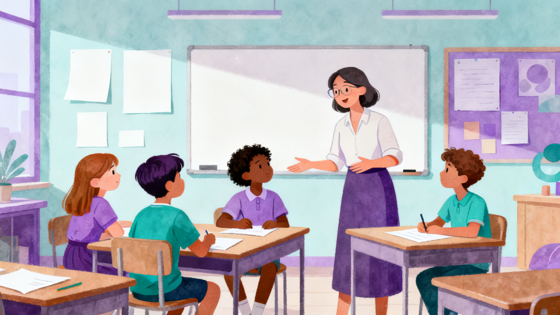 Teacher and students using critical thinking exercises for kids in a classroom discussion