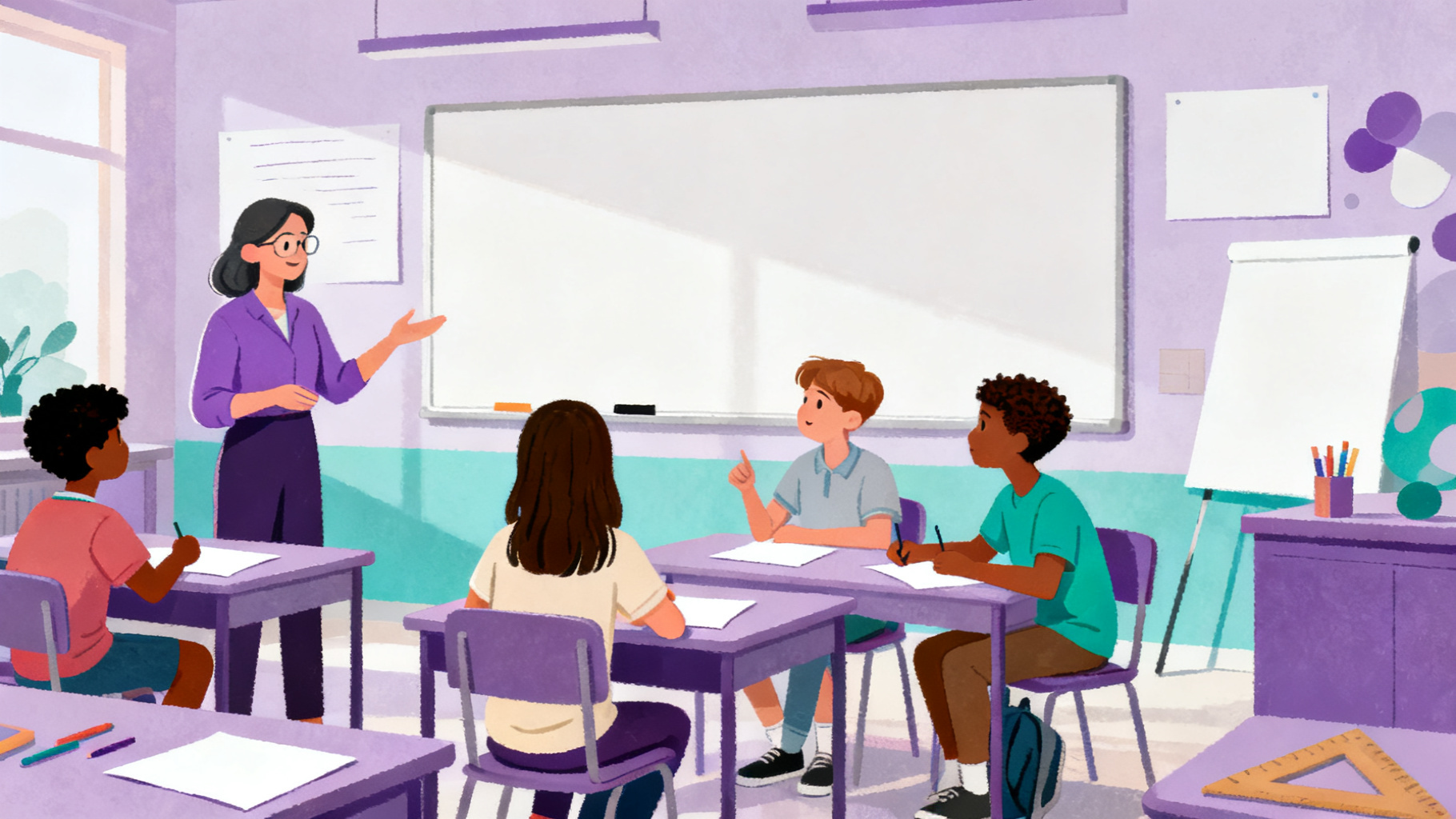 Teacher and students using critical thinking exercises for middle school in a classroom discussion