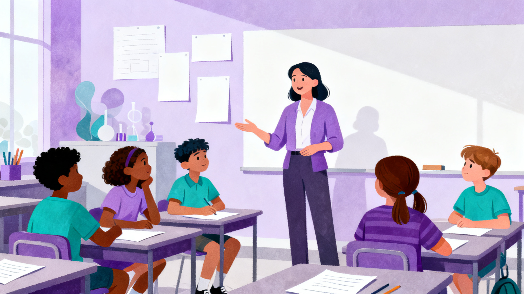 Teacher and students using critical thinking exercises for science in a classroom discussion