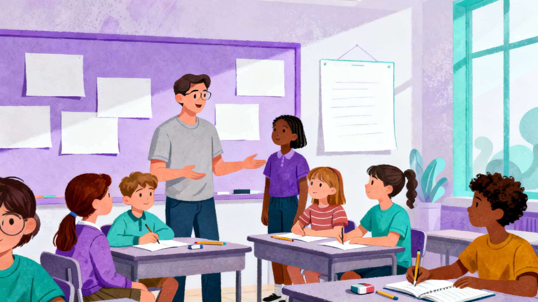 Teacher and students using decision-making exercises in a classroom discussion