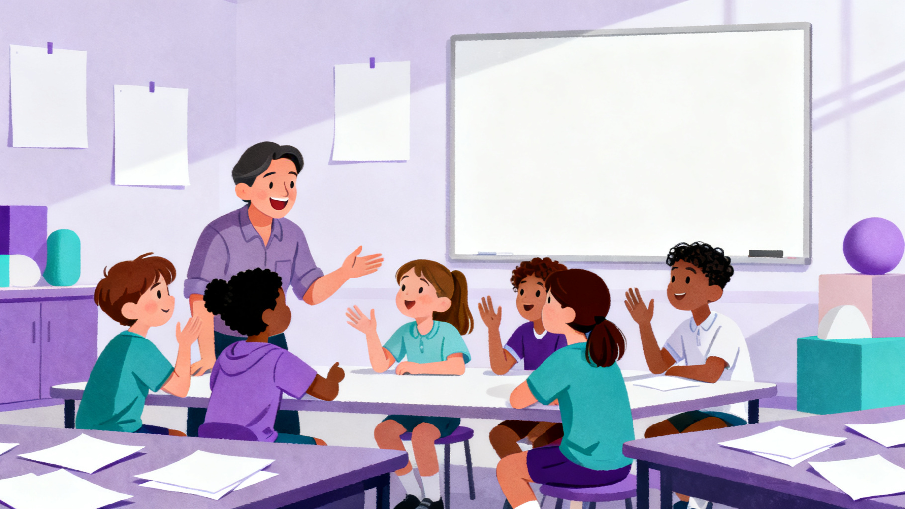 Teacher and students using ethical reasoning scenarios in a classroom discussion
