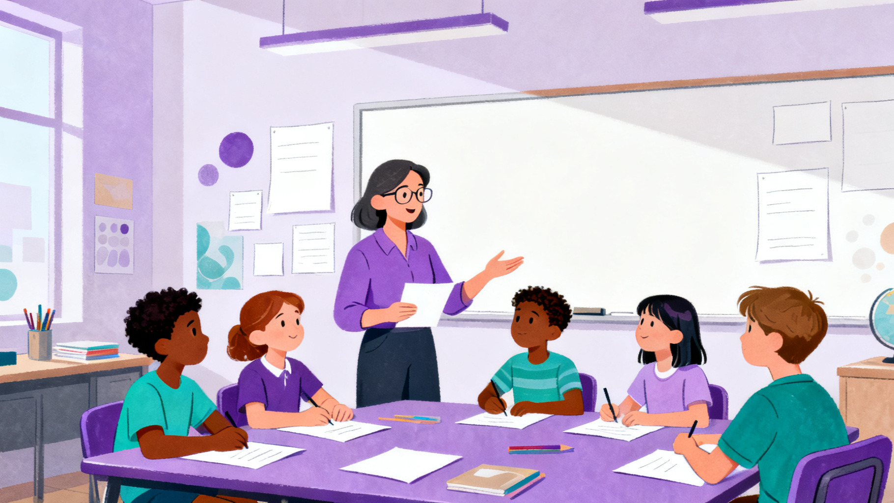 Teacher and students using media literacy activities in a classroom discussion