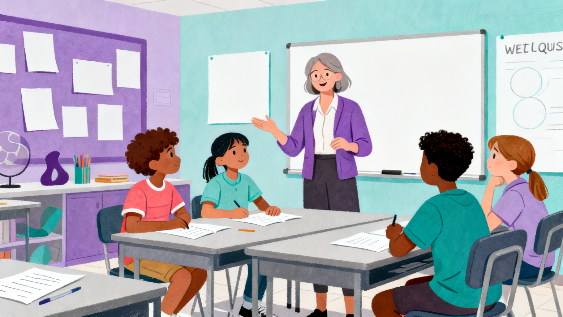 Teacher guiding students through a AI literacy WebQuest classroom discussion