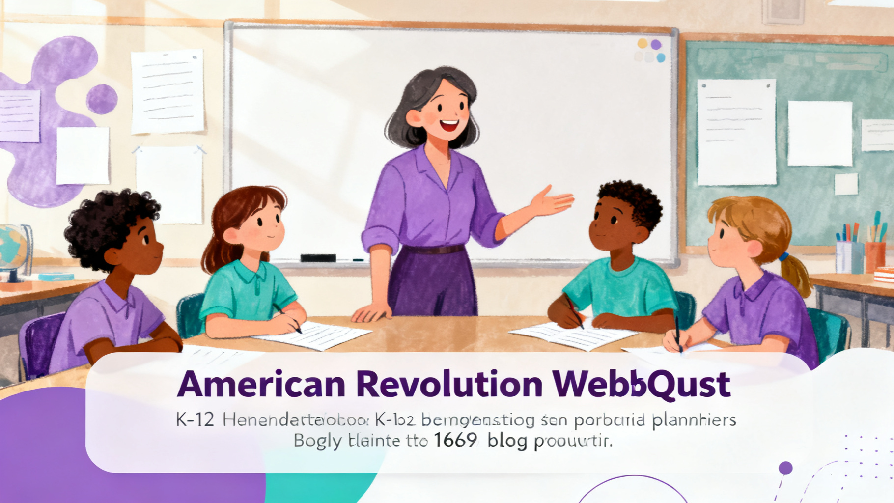 Teacher guiding students through a American Revolution WebQuest classroom discussion