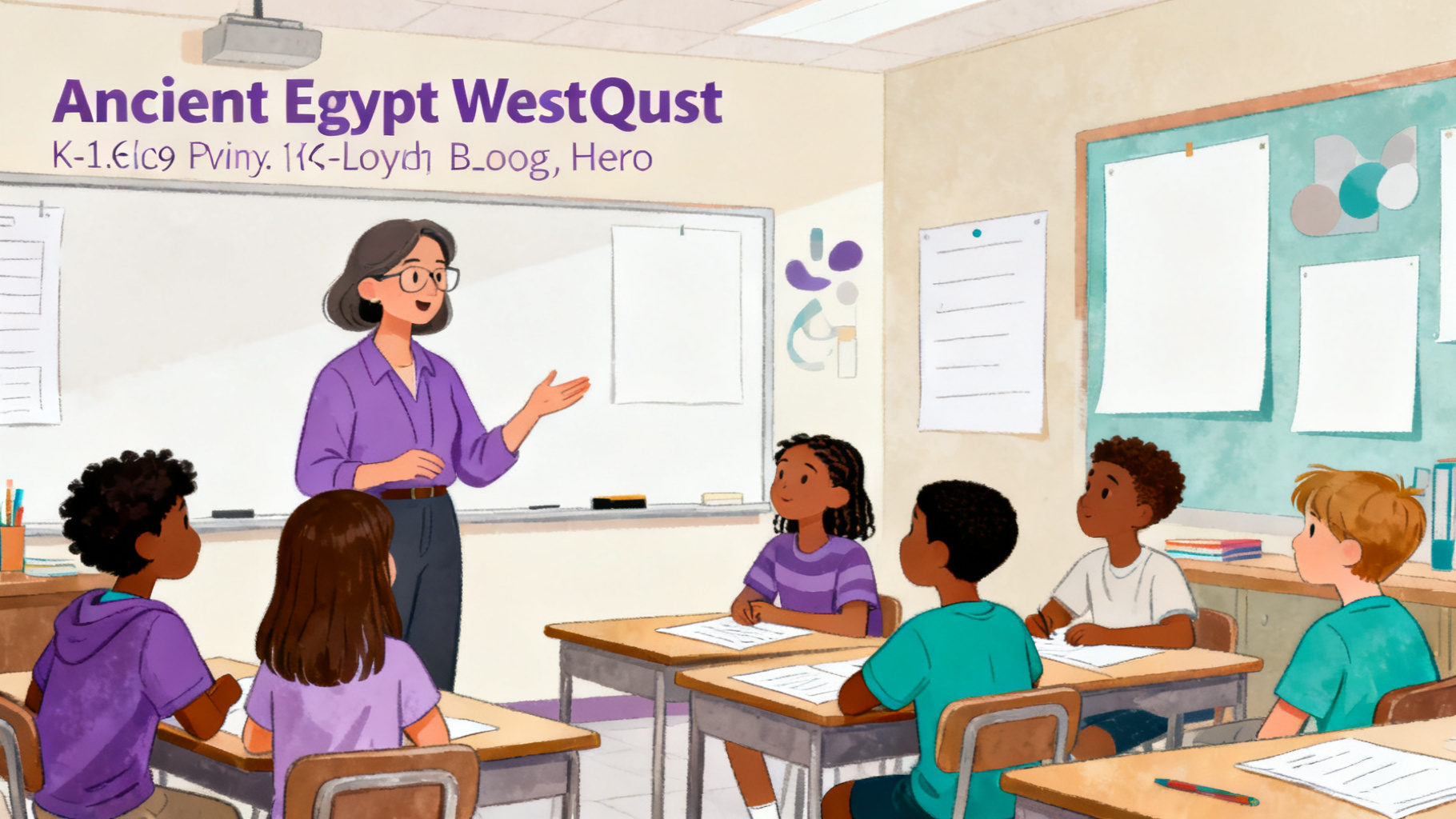 Teacher guiding students through a Ancient Egypt WebQuest classroom discussion
