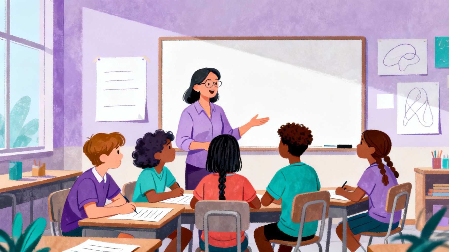 Teacher guiding students through a art WebQuest classroom discussion