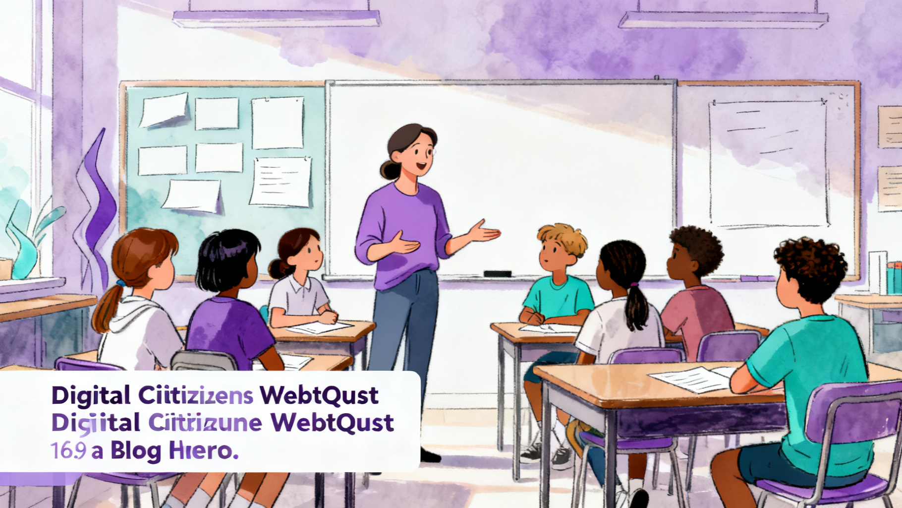 Teacher guiding students through a digital citizenship WebQuest classroom discussion