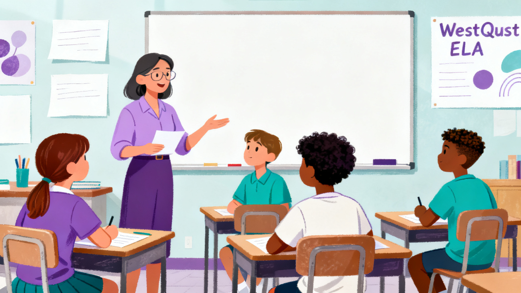 Teacher guiding students through a ELA WebQuest classroom discussion