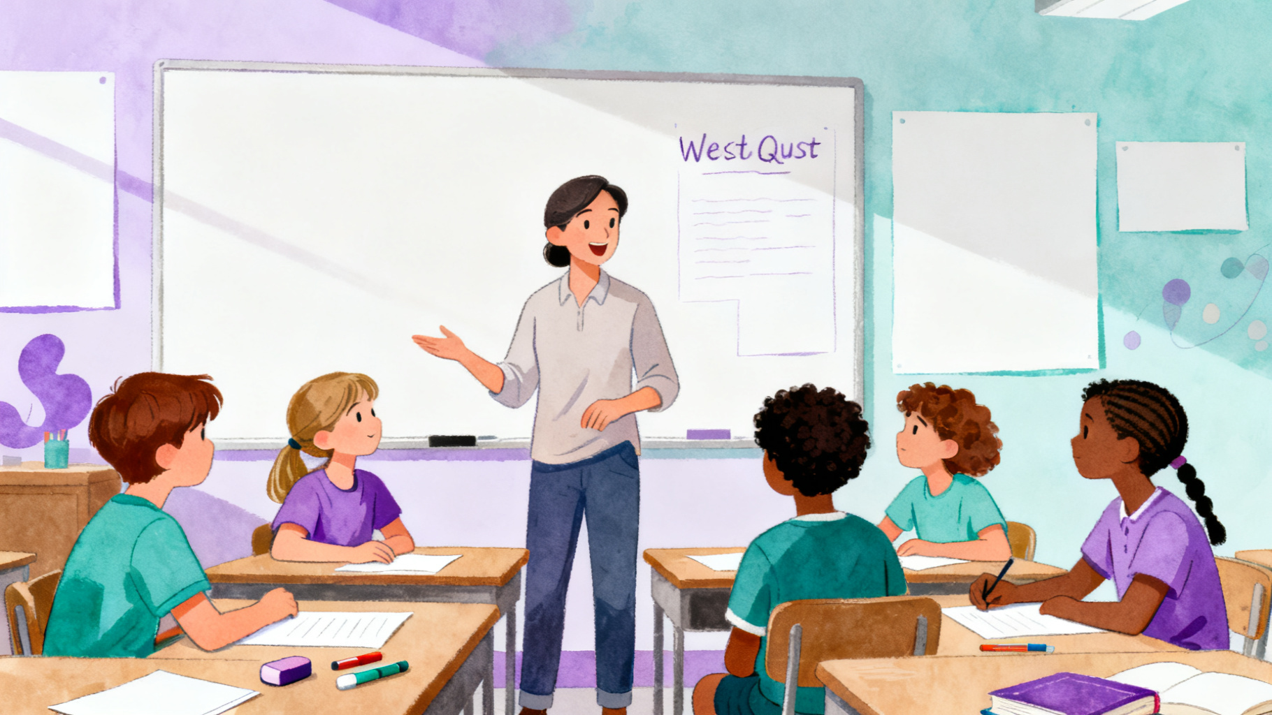 Teacher guiding students through a history WebQuest classroom discussion