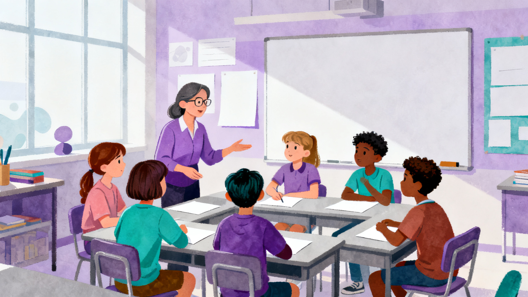 Teacher guiding students through a math WebQuest classroom discussion