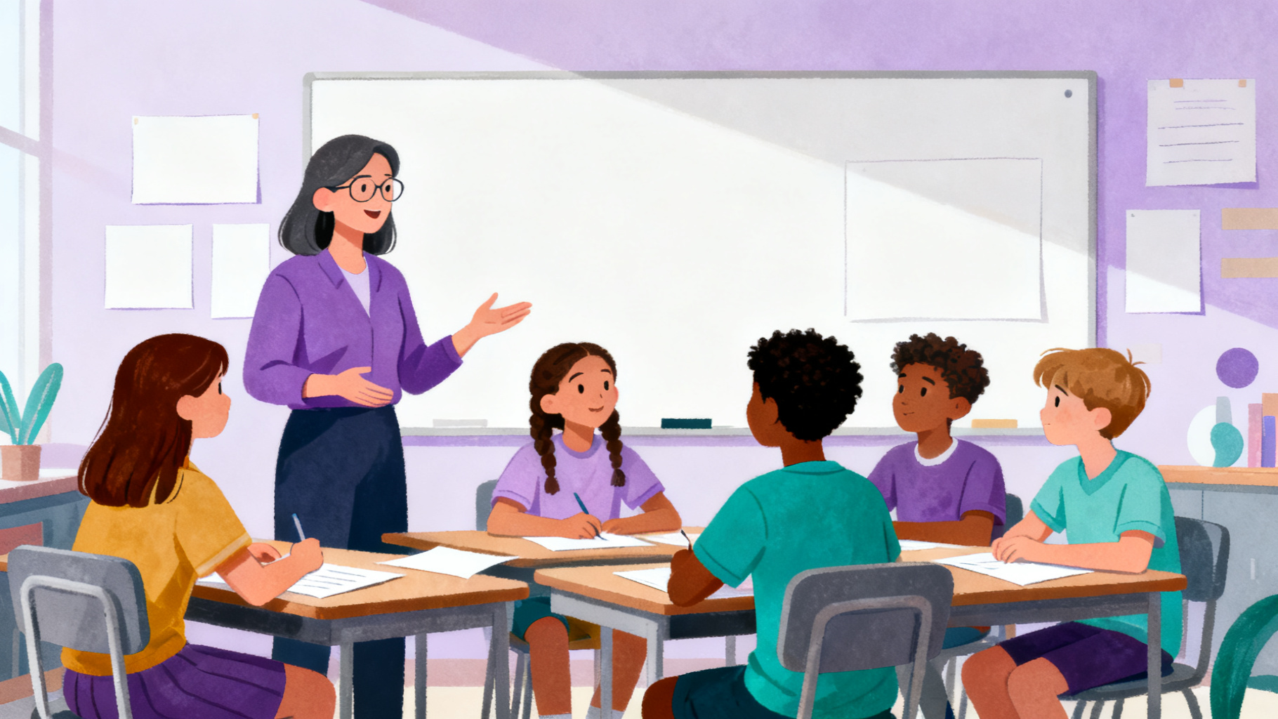 Teacher guiding students through a media literacy WebQuest classroom discussion