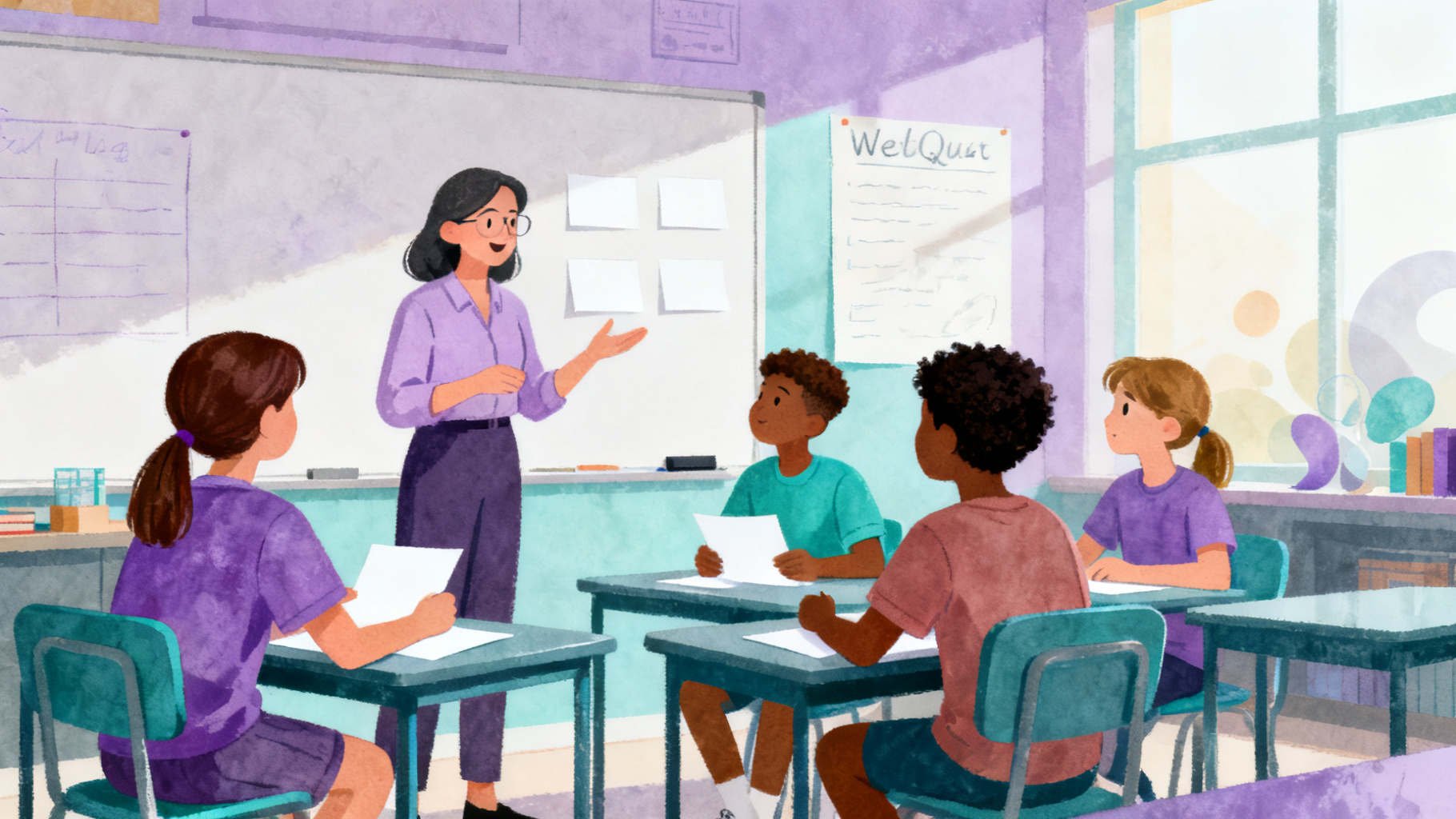 Teacher guiding students through a parts of a WebQuest classroom discussion