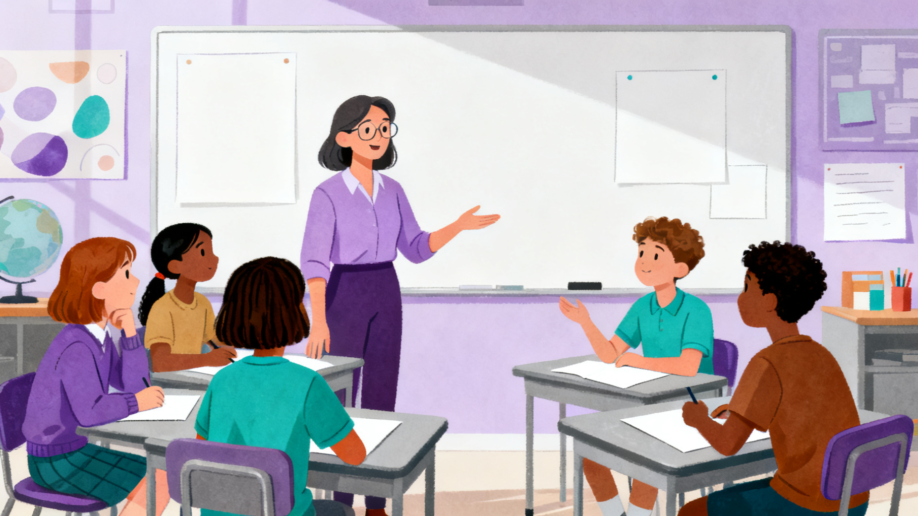 Teacher guiding students through a social studies WebQuest classroom discussion