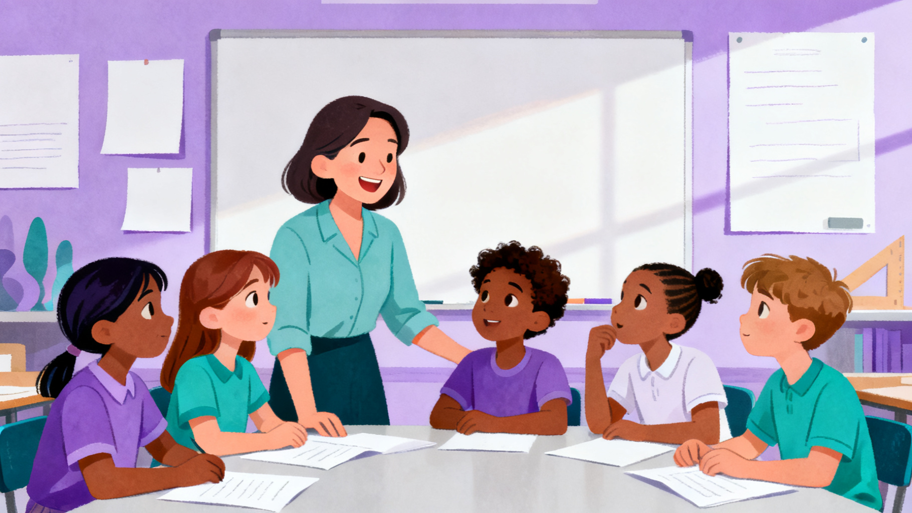 Teacher guiding students through a solar system WebQuest classroom discussion