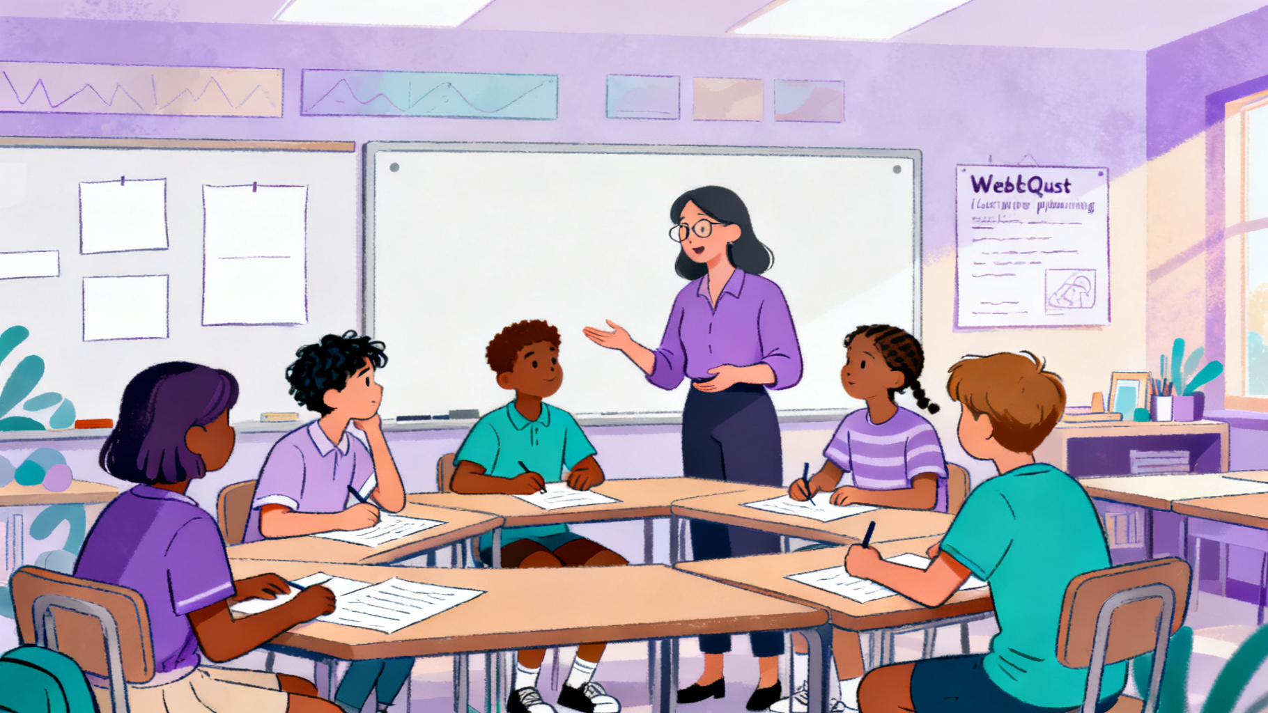 Teacher guiding students through a WebQuest examples classroom discussion