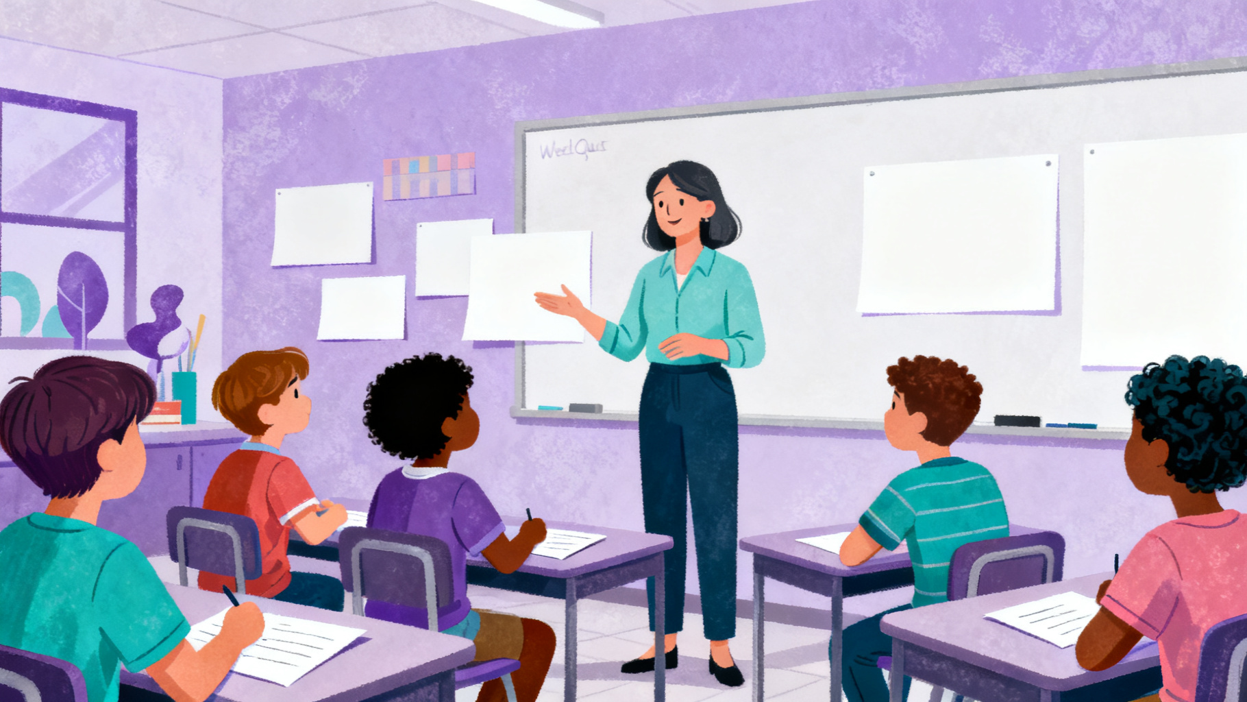 Teacher guiding students through a WebQuest generator classroom discussion