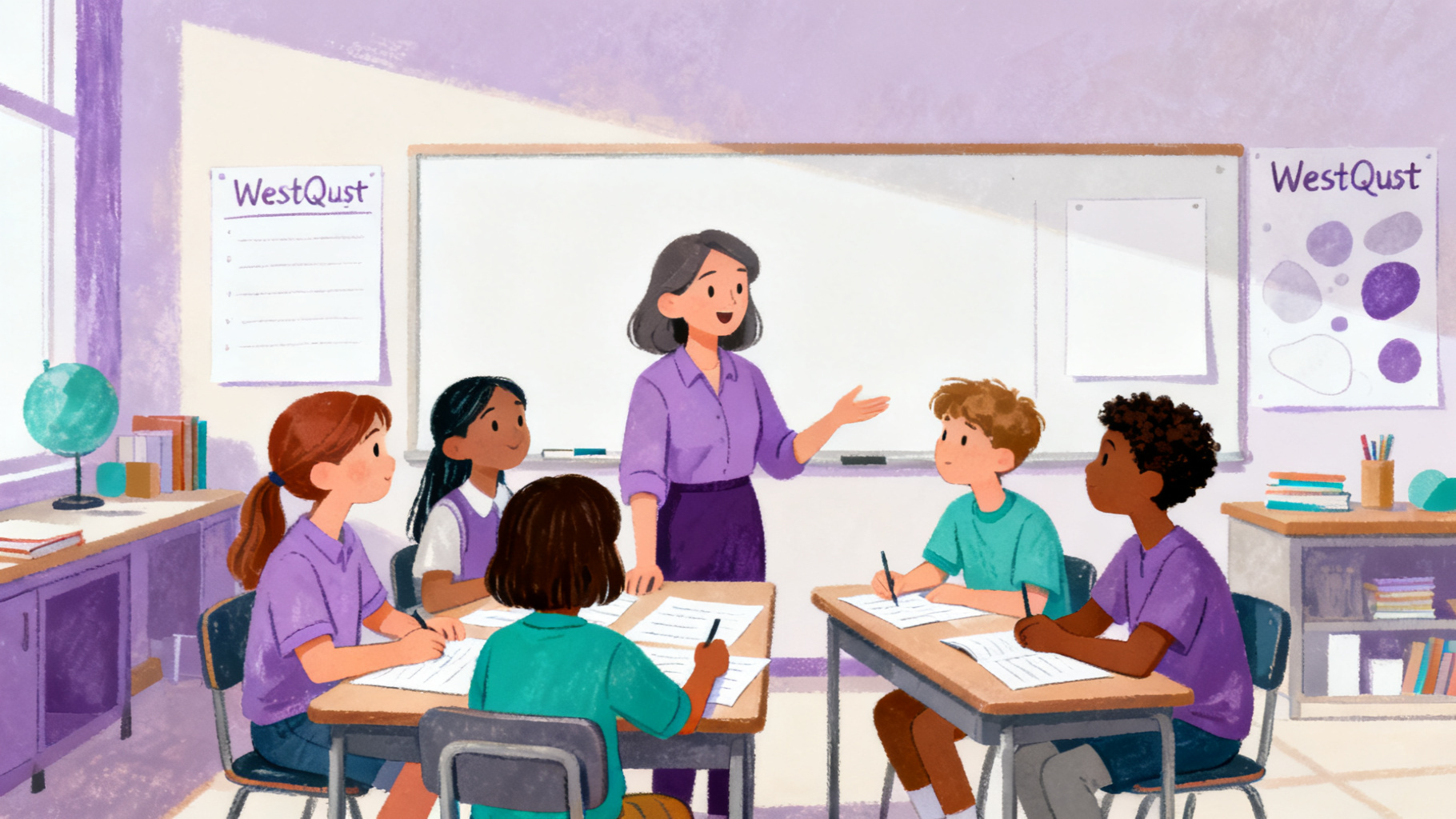 Teacher guiding students through a WebQuest template classroom discussion