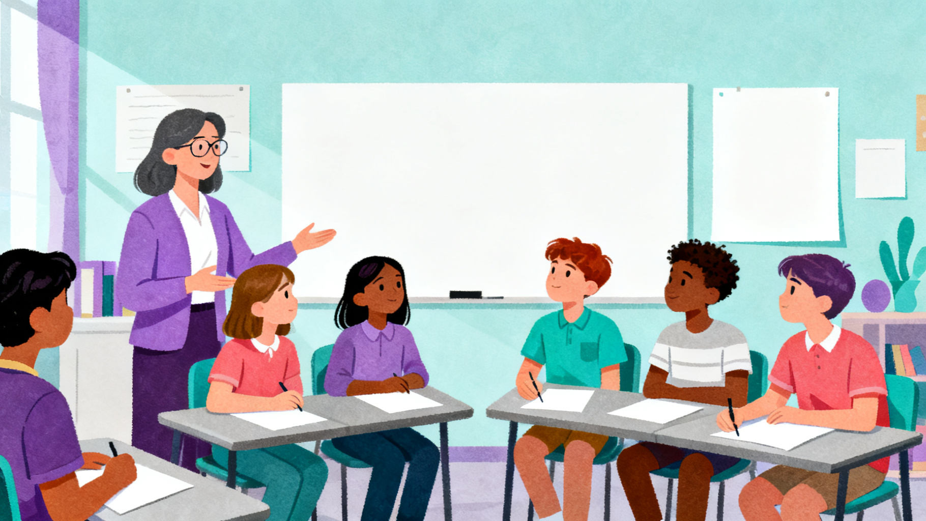 Teacher guiding students through a WebQuest worksheet classroom discussion